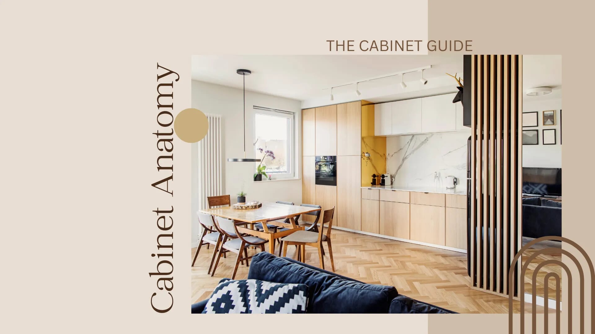 Cabinet anatomy illustrated on a frameless ultra slim white oak cabinet design, highlighting key structural components