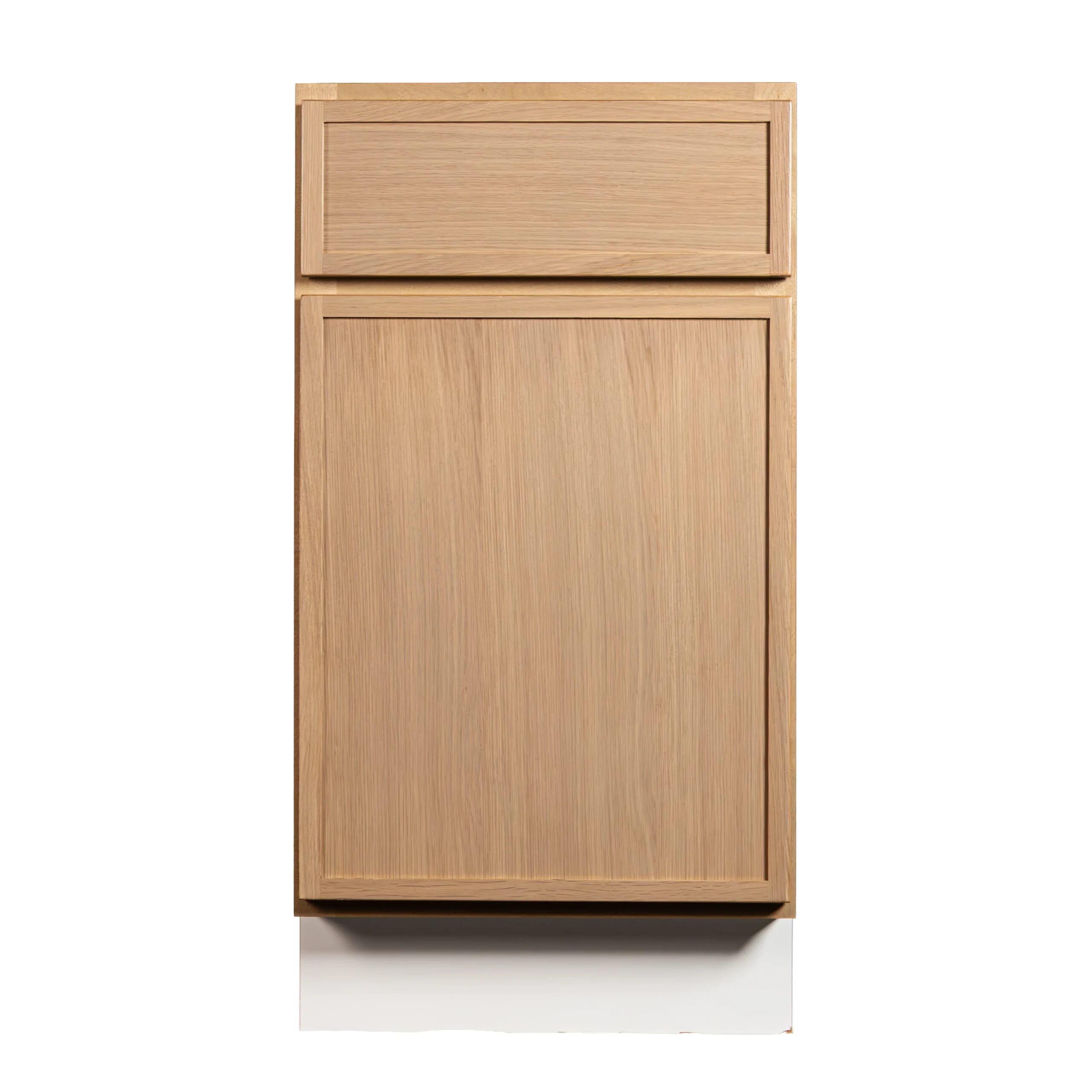 Slim shaker oak kitchen cabinet with natural wood grain, modern American kitchen design