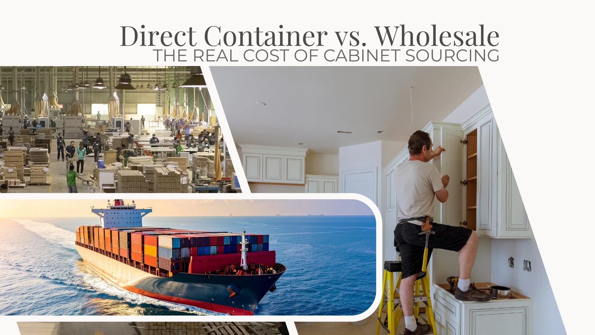 Split-screen comparison: Ocean cargo ship representing Factory Direct FCL sourcing vs. US warehouse representing Local RTA Wholesale. A guide for builders on cabinet procurement strategies.