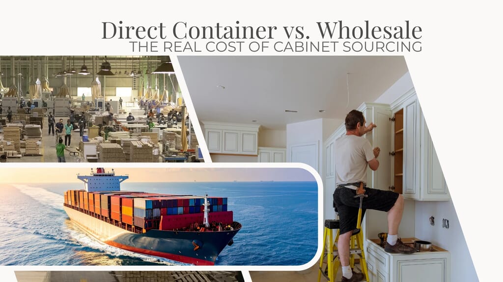 Split-screen comparison: Ocean cargo ship representing Factory Direct FCL sourcing vs. US warehouse representing Local RTA Wholesale. A guide for builders on cabinet procurement strategies.