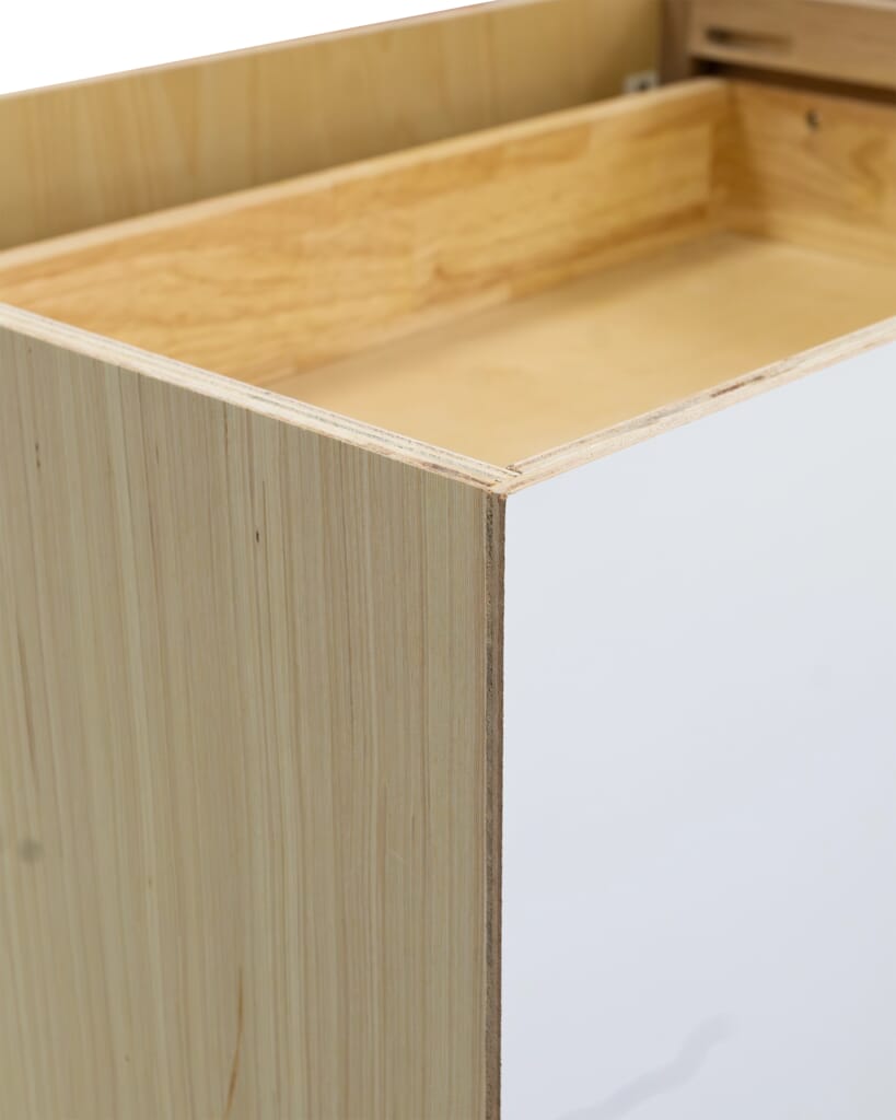 Close-up of Koville cabinetry carcase made from high-quality 1/2" plywood with birch veneer, manufactured in Vietnam.