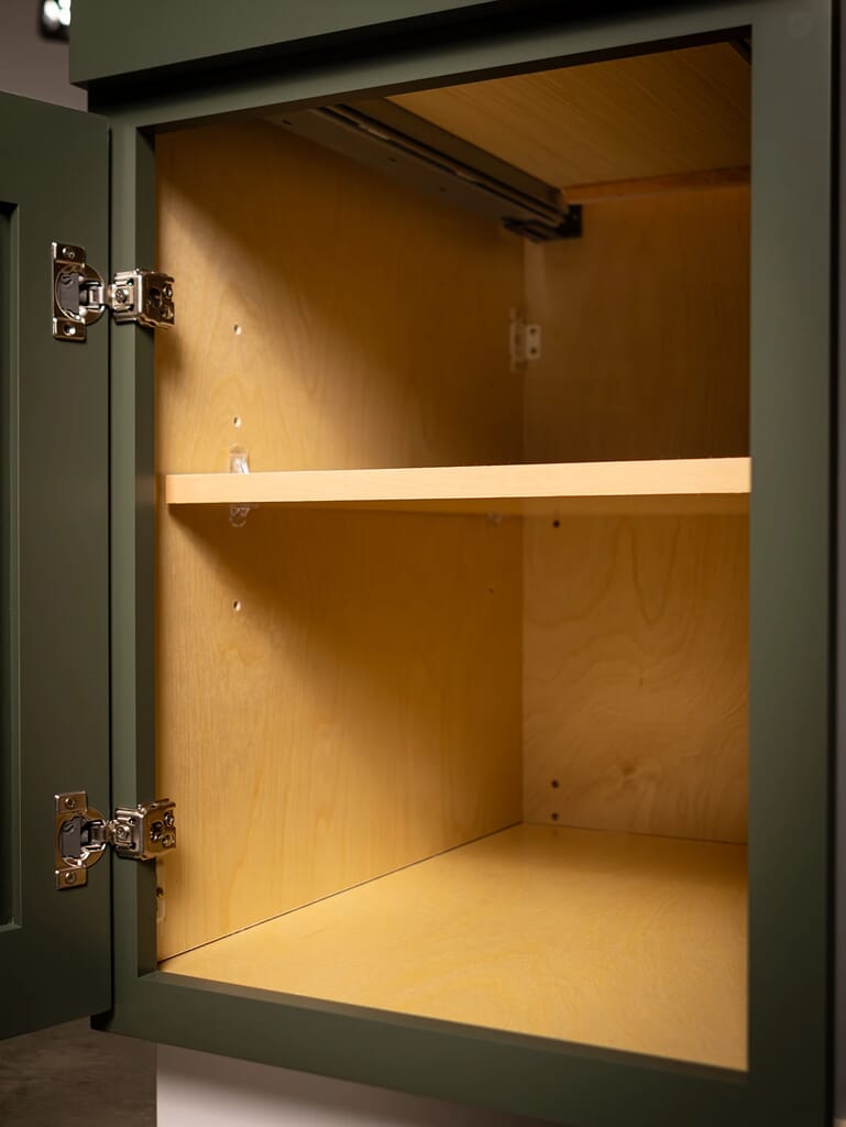 Full-depth cabinet shelf panel made from 3/4 inch plywood with birch veneer