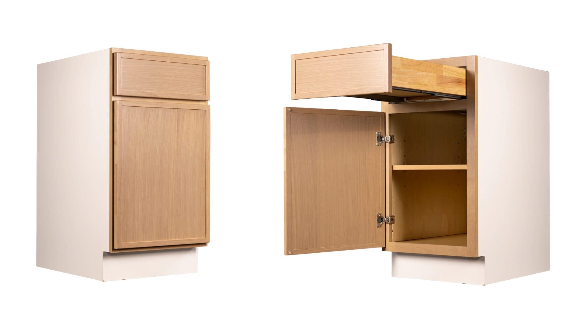 Koville slim oak base cabinet construction breakdown showing premium materials and structural details