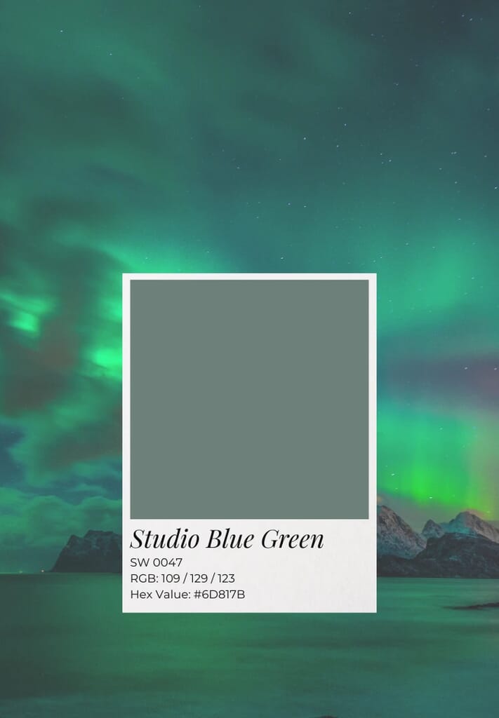 Sherwin-Williams Studio Blue Green SW 0047 teal cabinet paint swatch.
