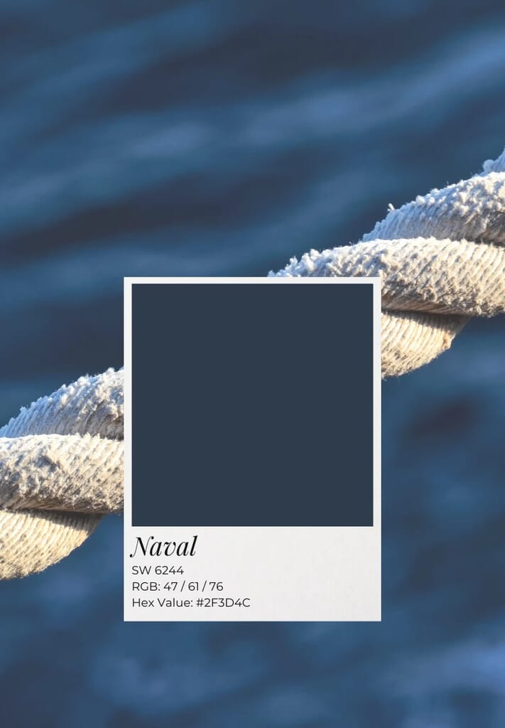 Sherwin-Williams Naval SW 6244 classic navy blue island cabinet color swatch.