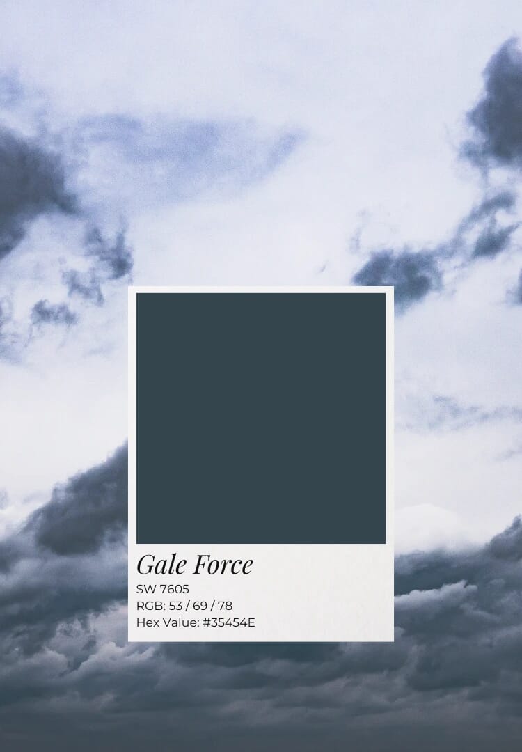Sherwin-Williams Gale Force SW 7605 moody dark blue cabinet paint swatch.