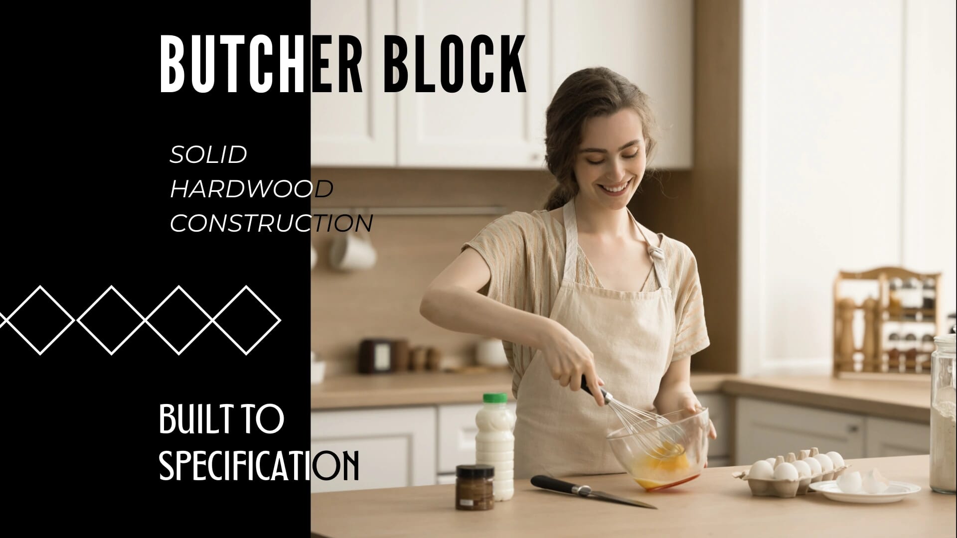 Woman preparing family breakfast on a butcher block countertop in a modern kitchen by ZASI Cabinetry