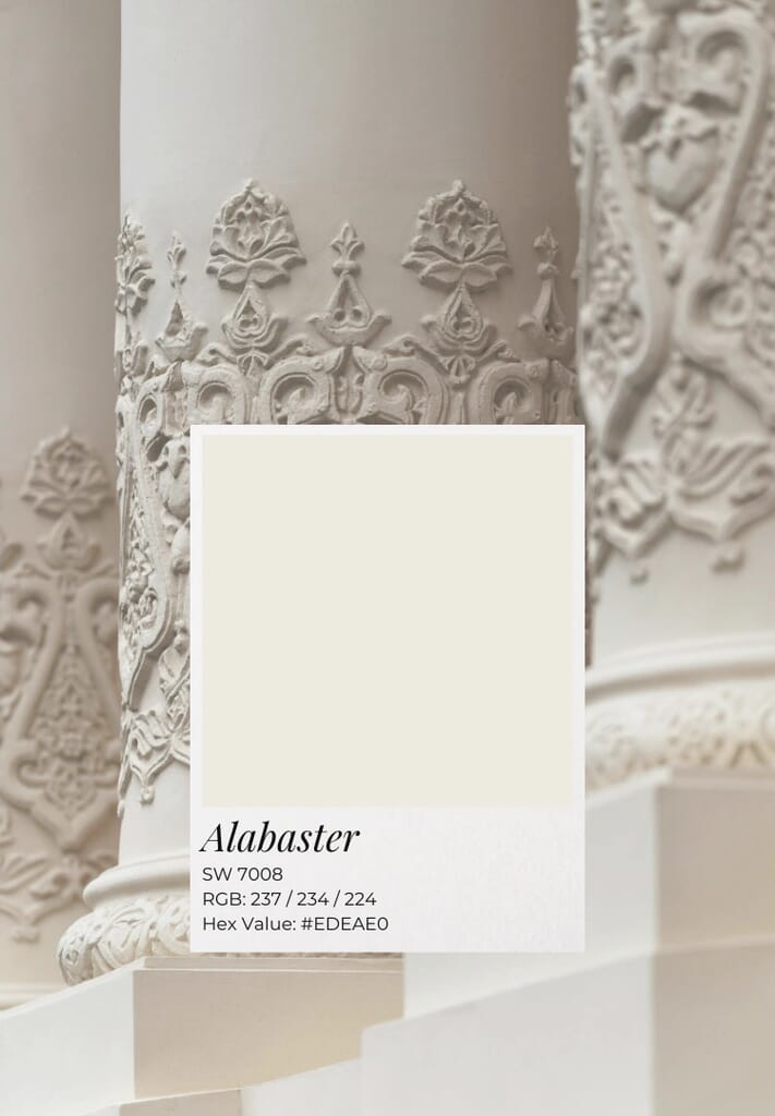 Sherwin-Williams Alabaster SW 7008 creamy white kitchen cabinet paint swatch.