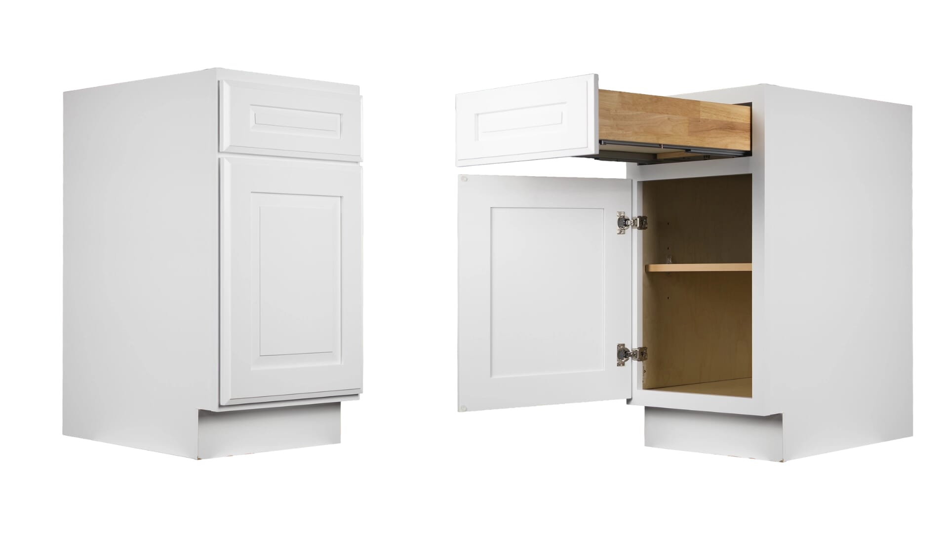 Madison Hillcrest white kitchen cabinet materials breakdown showing door, panel, and cabinet construction