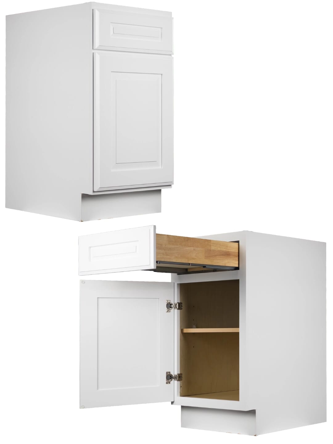 Madison Hillcrest white kitchen cabinet materials breakdown showing door, panel, and cabinet construction
