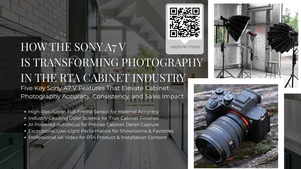 Sony A7 V camera used for professional RTA cabinet photography, highlighting color accuracy, material detail, and consistency for the cabinet industry