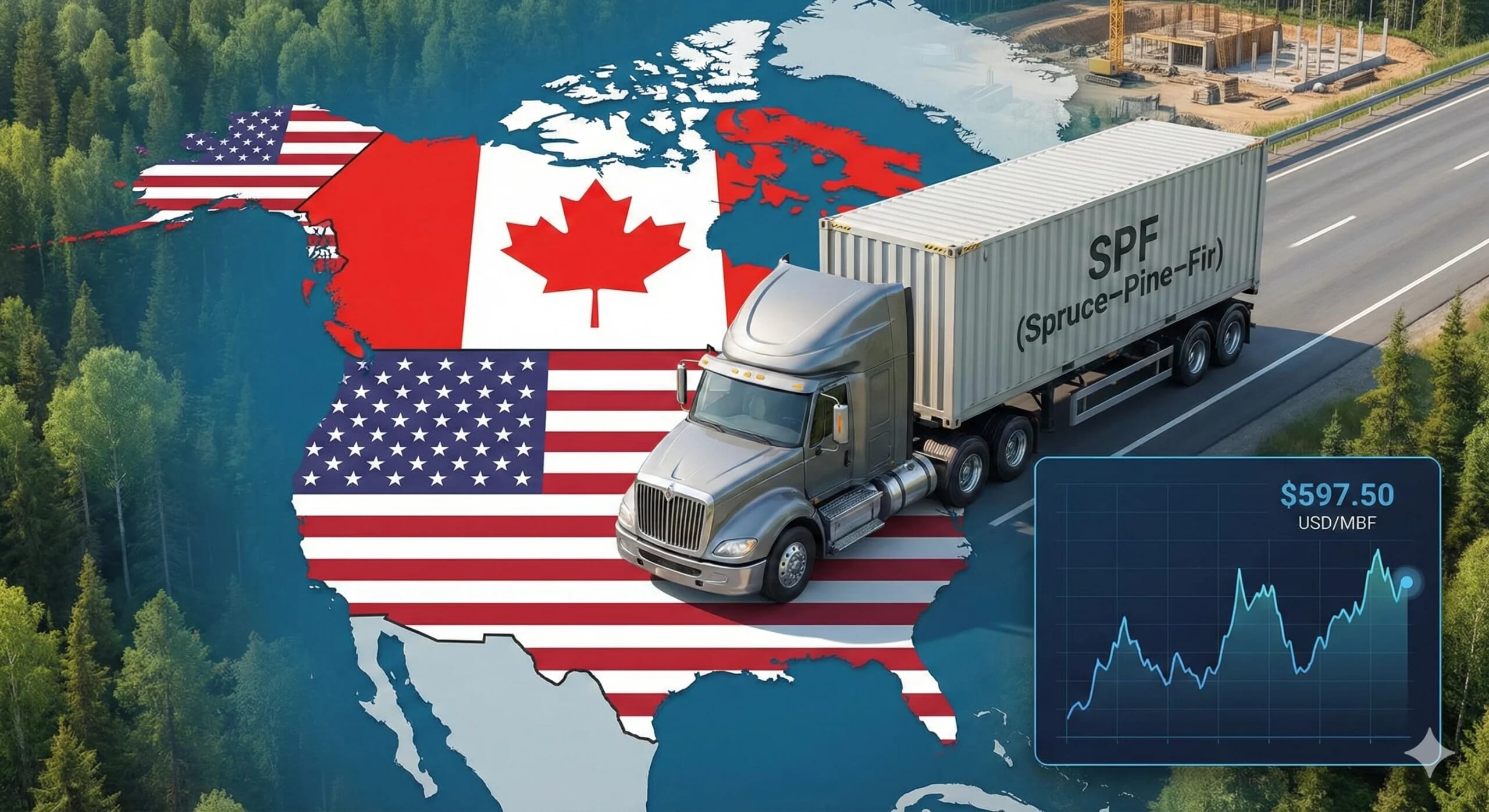 U.S. trade policy update showing changes in tariffs on Canadian softwood lumber and resulting lumber price volatility in the North American market.